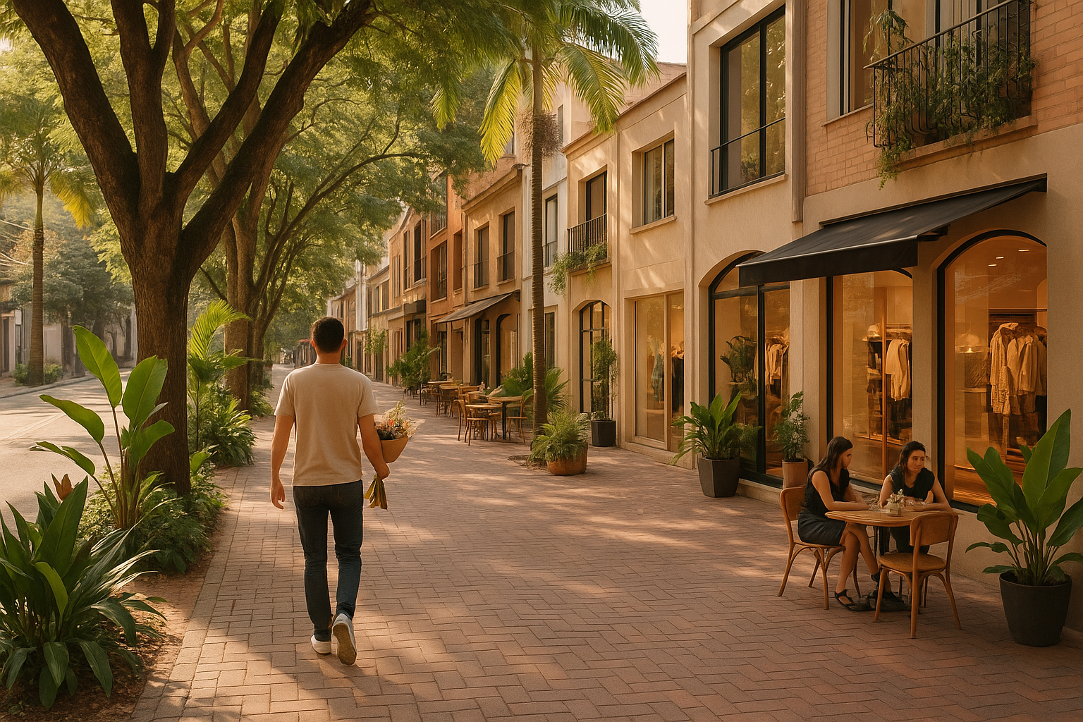 Calle arbolada del barrio El Poblado con boutiques y vegetación tropical